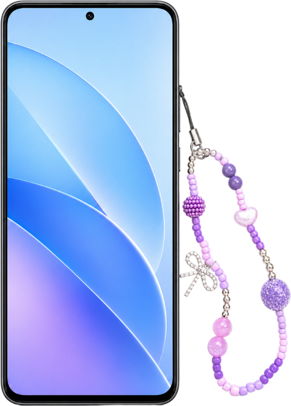 Purple and pink beaded phone charm with phone